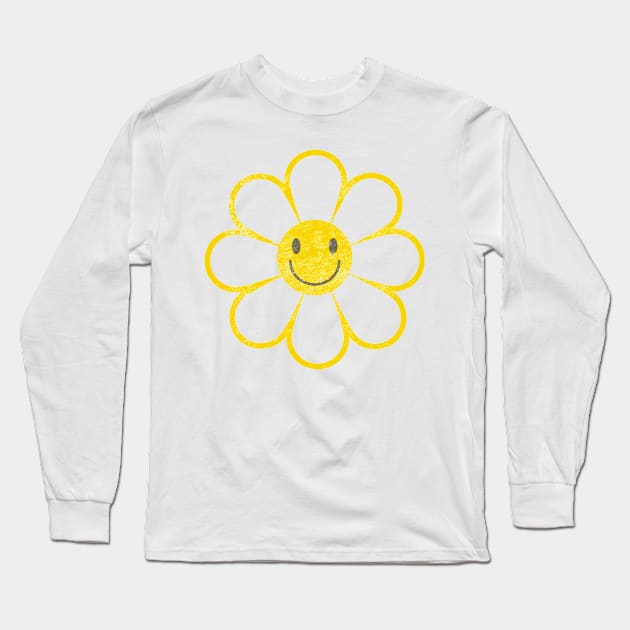 Flower Happy Smile Face Graphic Novelty Distressed 60s Sixties Decade Long Sleeve T-Shirt by Sassee Designs